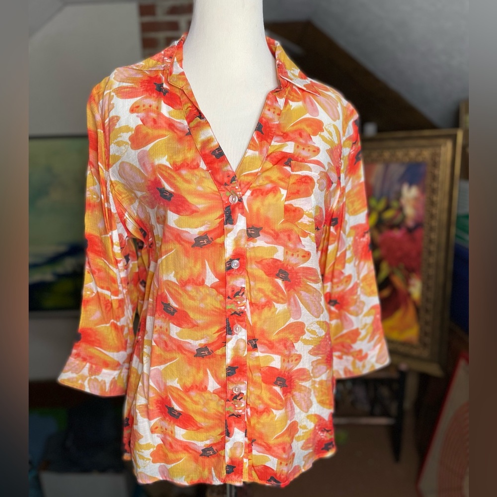 Larson gray orange and yellow floral blouse M